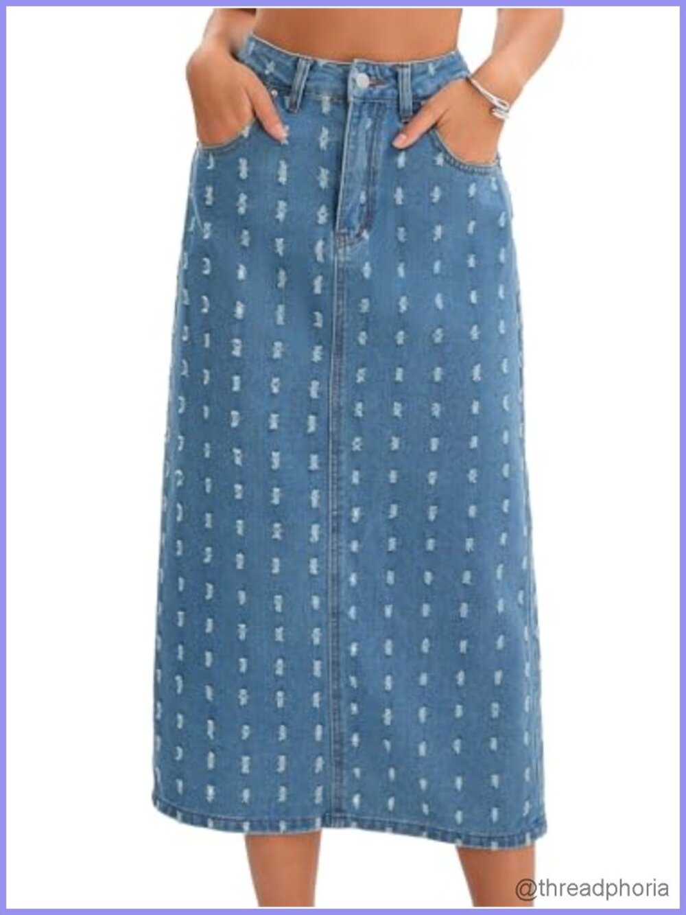 Long Denim Skirt Ripped Holes Back Slit Straight Midi Cotton Blend
